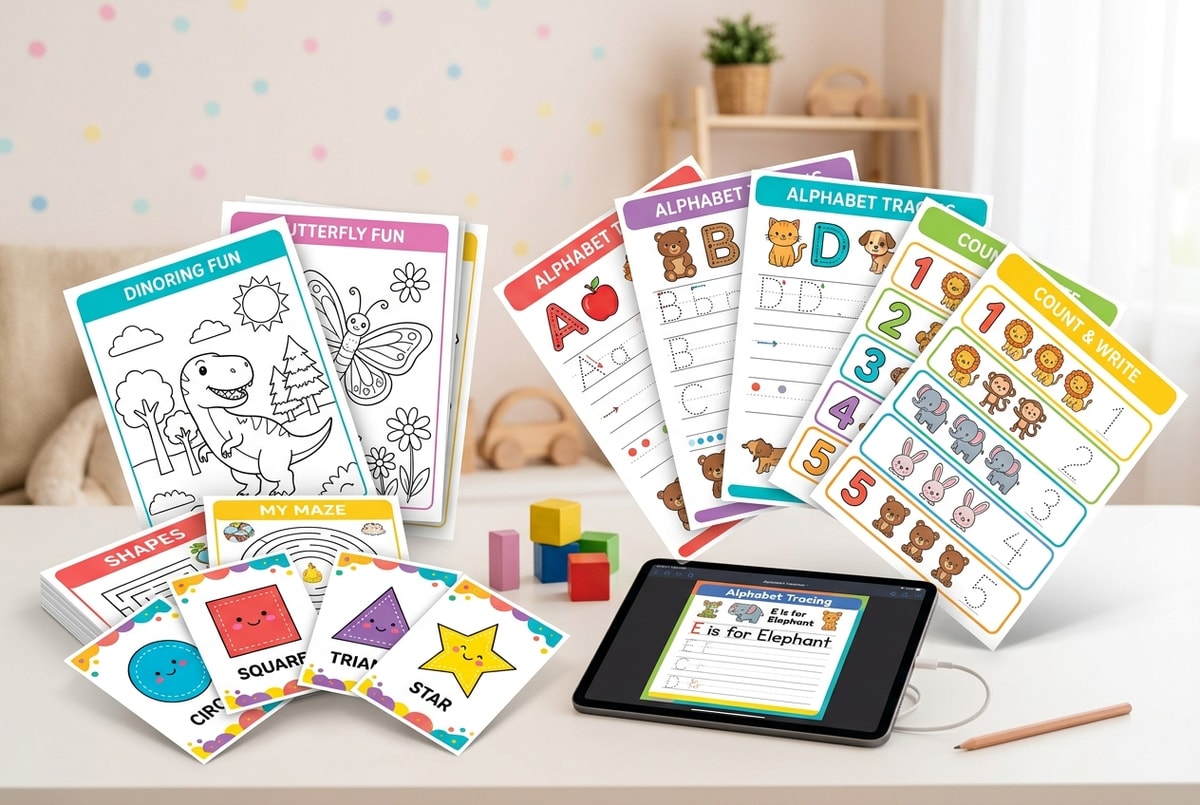 500,000+ Kids Educational Printable Mega Bundle featuring alphabet tracing sheets, number counting, dinosaur coloring pages, flashcards, and tablet view