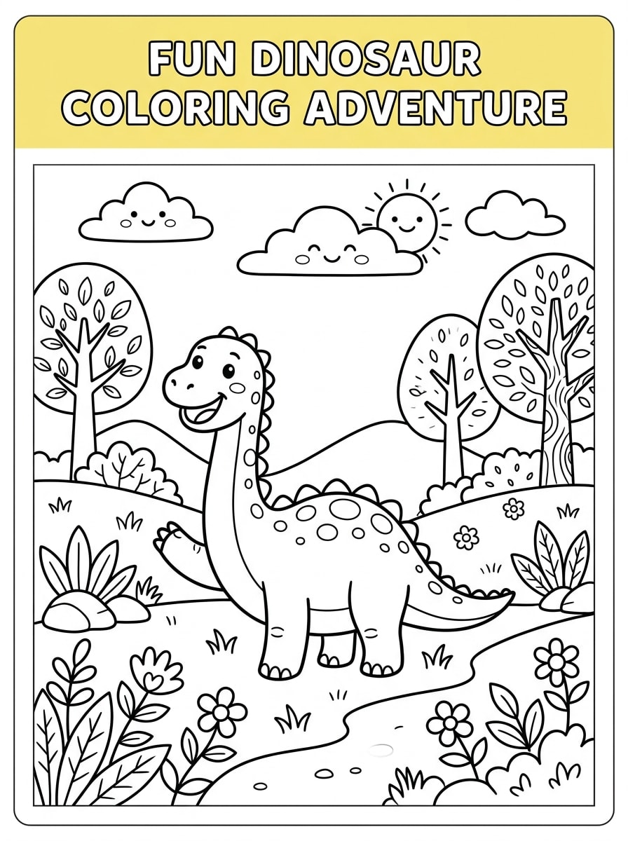 Fun dinosaur coloring page with sunny outdoor nature scene