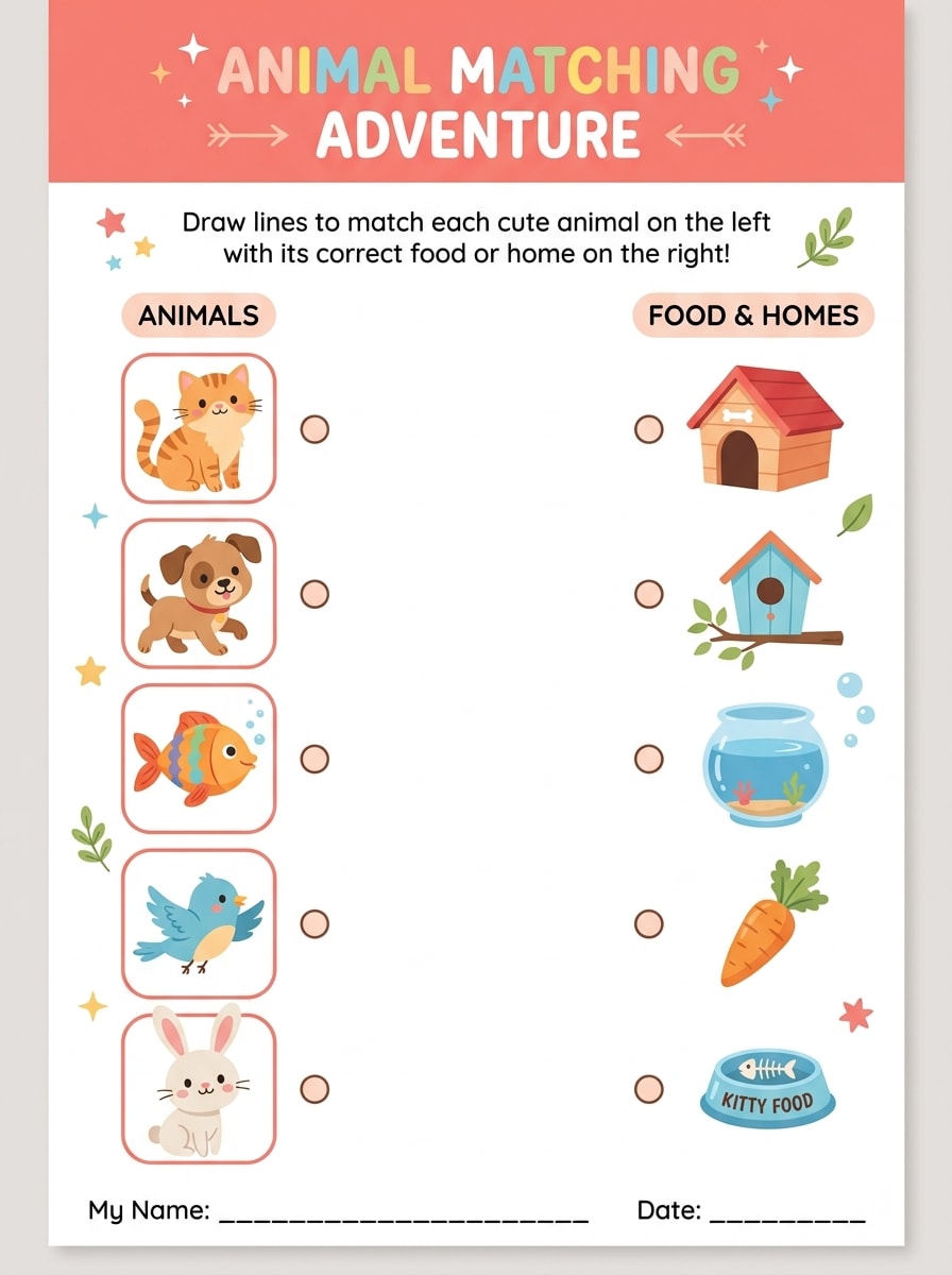 Animal matching activity connecting cute pets to their homes