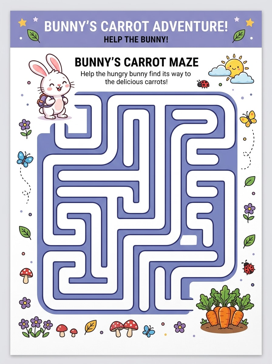 Bunny carrot maze puzzle worksheet for young kids