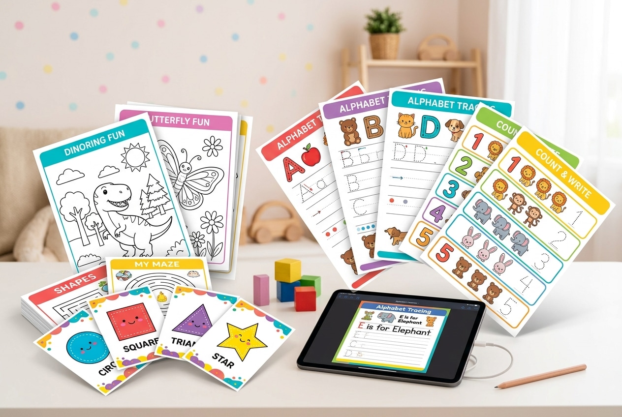 500,000+ Kids Educational Printable Mega Bundle featuring alphabet tracing sheets, number counting, dinosaur coloring pages, flashcards, and tablet view